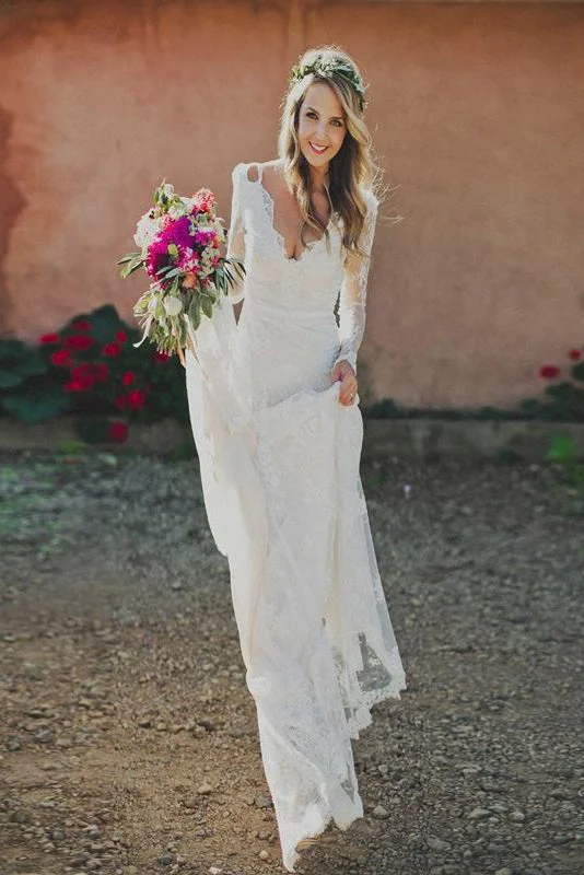 rustic wedding dressesSheath V-neck Backless Long Sleeves Lace Boho Wedding Dress OKM83