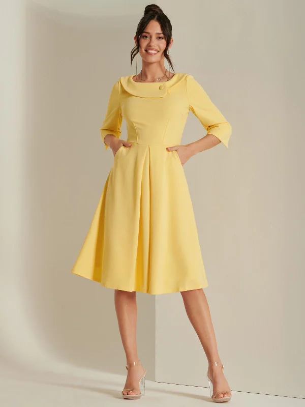 maxi-length midi dresses3/4 Sleeve Fold Neck Midi Dress, Light Yellow