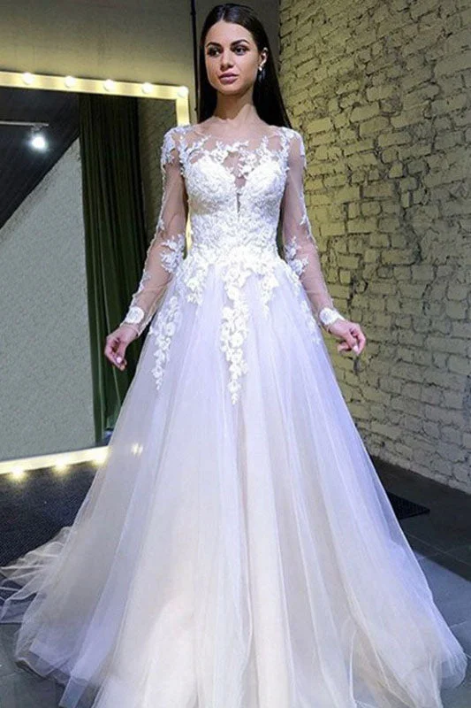 beach wedding dressesA Line Long Sleeves Round Neck Tulle Lace Appliques Wedding Dress OKP73