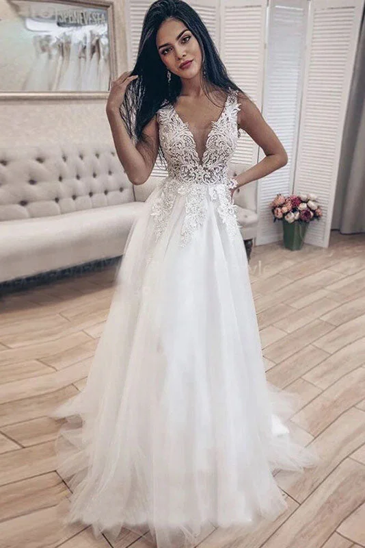 wedding dress preservationV-neck Appliques Illusion Long Bride Dress A-line Tulle Backless Beach Wedding Gowns OKW11