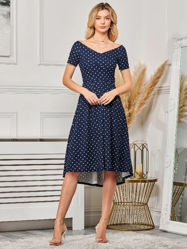 midi dresses without sleevesFit & Flare Pleated Ponte Midi Dress, Navy Spot