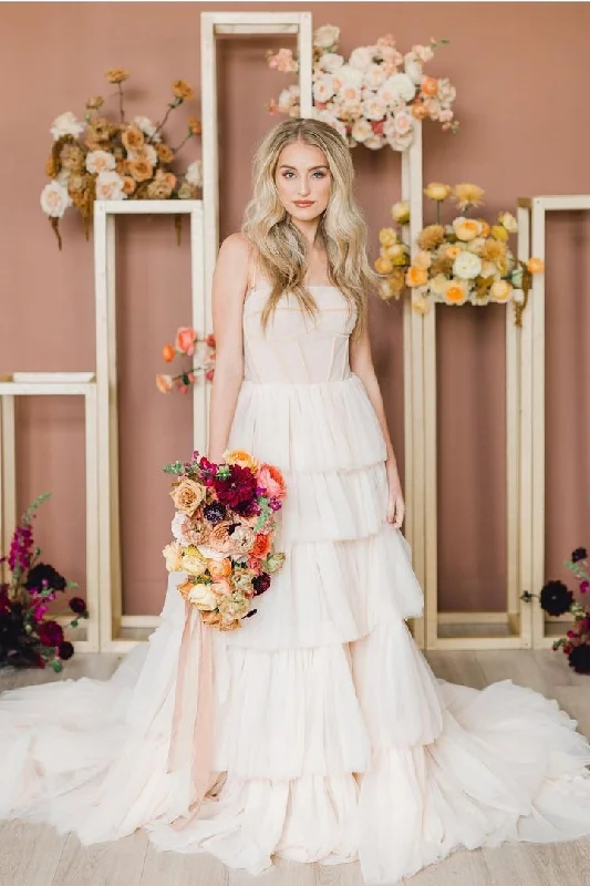 wedding dress without trainPrincess Aline Pale Blush Pink Wedding Dress with Tulle Tiered Skirt OK1430