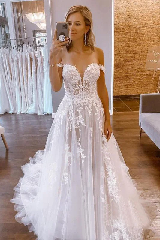 beach wedding dressesA Line Off Shoulder Tulle Custom Long Wedding Dress With Lace Appliques OK1152