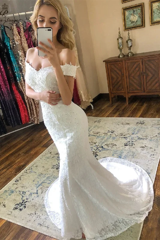 chiffon wedding dressesBeautiful Lace Mermaid Wedding Dress Off the Shoulder Lace Up Back Bridal Dress OKV36