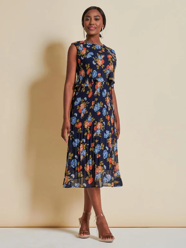 floral midi dressesChiffon Pleated Overlay Midi Dress, Navy Orange Floral