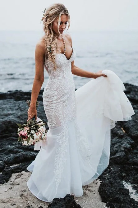 simple wedding dressesMermaid Sweetheart Sweep Train Elegant Wedding Dress with Lace Appliques OKR77