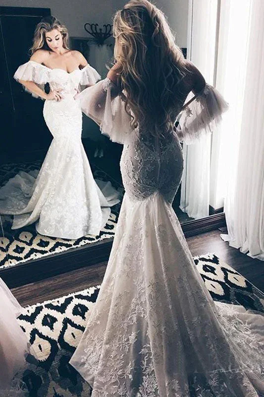 rustic glam wedding dressesElegant Mermaid Sweetheart Off Shoulder Zipper Back Lace Long Wedding Dress OK1515