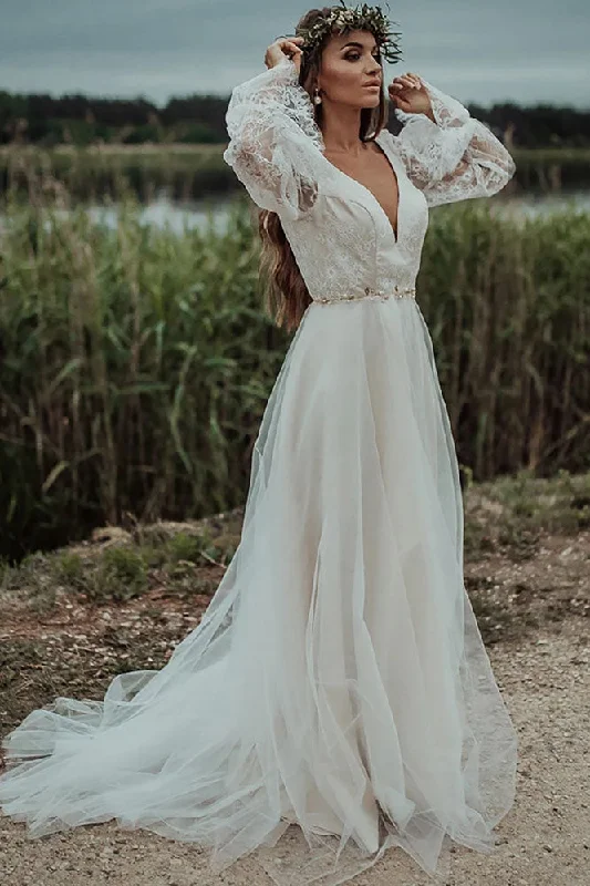 silk wedding dressesLong Sleeves V Neck Beach Wedding Dress Boho High Slit Backless Bridal Gowns OKY95