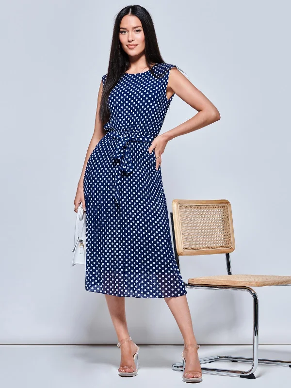 open-back midi dressesHayes Pleated Chiffon Midi Dress, Navy Spot