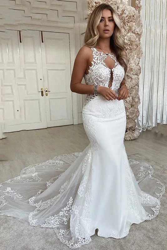 off-the-shoulder wedding dressesSexy Mermaid Wedding Dress Scoop Neck Lace Appliques Bride Dress OKW96