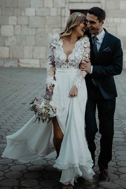 long sleeve wedding dressesA-line Long Sleeves Lace Top Beach Wedding Dress Elegant Chiffon Bridal Gowns OKX89