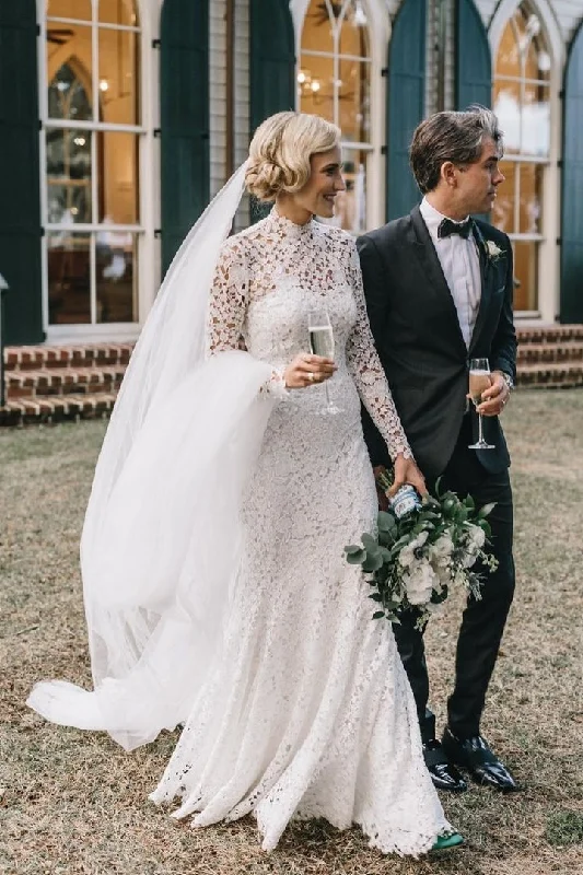 wedding dress try-onVintage Memraid High Neck Lace Wedding Gowns With Long Sleeves OK1290