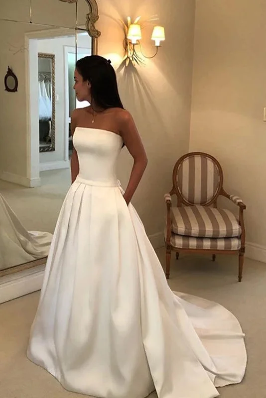 rustic wedding dressesA-line Ivory Strapless Wedding Dress Satin Draped Bridal Dress With Pockets OKX5