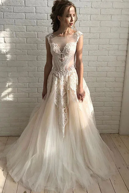 elegant bohemian wedding dressesElegant A Line Tulle Lace Long Prom Dress Unique Wedding Dress OKE32