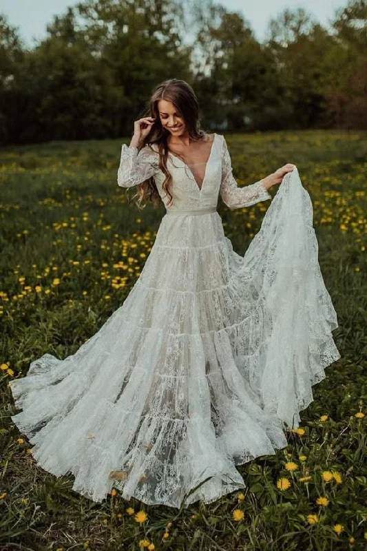 high-low wedding dressesDeep V Neck Boho A-line Lace Long Sleeve Rustic Beach Wedding Dress OKY32