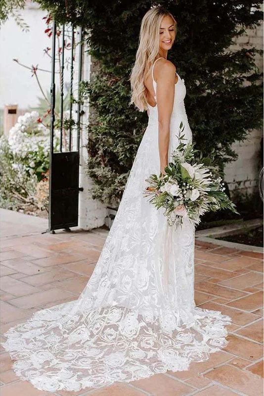 mermaid wedding dressesLatest Beach A-line Lace Bridal Wedding Gown Backless Plunge Wedding Dress OKV28