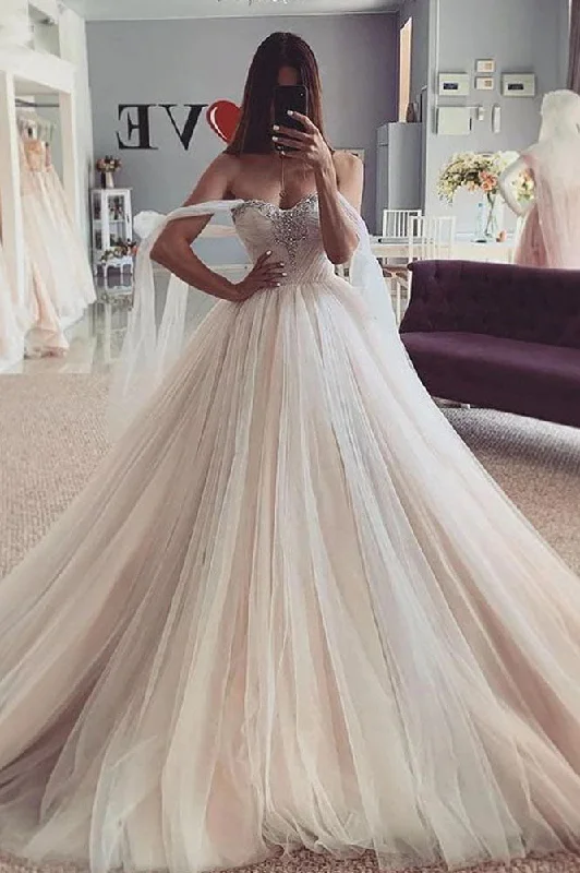 wedding dress fittingCharming Tulle Off the Shoulder Ball Gowns Wedding Dress With Beading OKV63