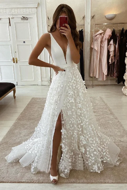 spaghetti strap wedding dressesIvory Floral Lace Plunging Sleeveless High Slit A-line Wedding Dress OKU88