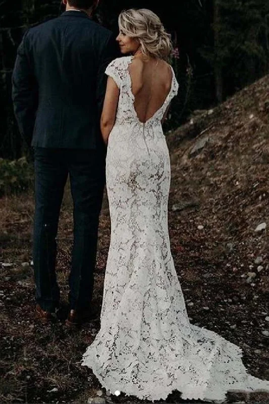 church wedding dressesLace Bohemian Mermaid V Back Wedding Dress V-Neck Cap Sleeves Bridal Dress OKX41