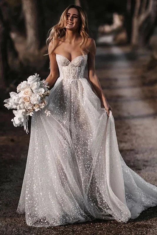 glamorous bohemian wedding dressesShiny Glitter Vintage Wedding Dress A-line Sweetheart Elegant Bride Dress OKW94