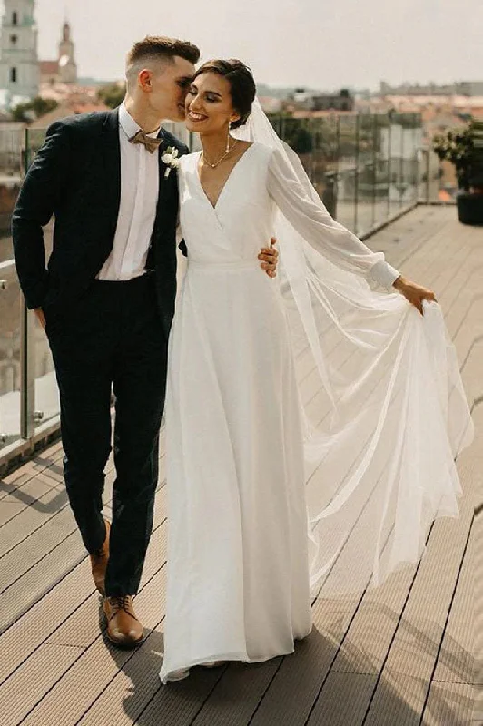 modern wedding dressesSimple A-line Chiffon Wedding Dress V Neck Long Sleeves Bohemian Bridal Dress OKV58