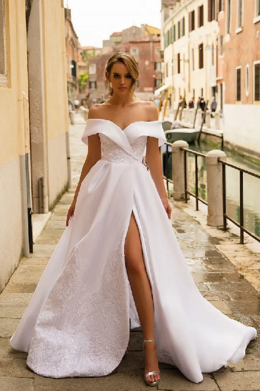 wedding dress with open backLace Embroidered Satin Off the Shoulder Wedding Gowns Elegant Bridal Dress OK1425