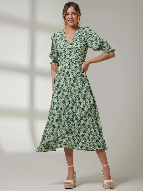 breathable midi dressesEllie Crepe Wrap Puff Sleeve Midi Dress, Green Geo