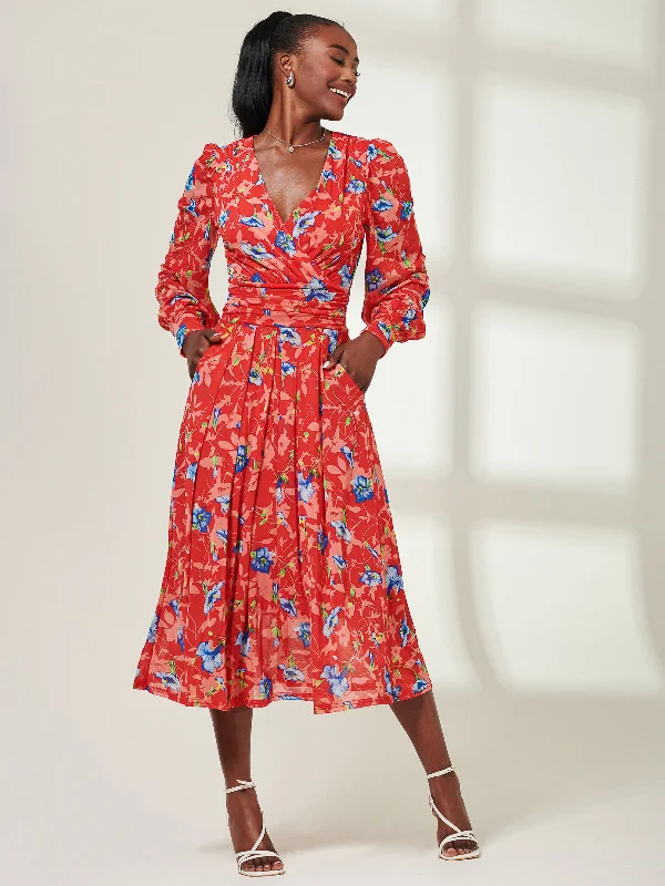 flowy midi dressesFloral Long Sleeve Mesh Midi Dress, Red Floral