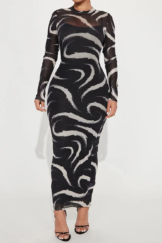 printed midi dressesRipple Print Simple Bodycon Midi Dress With Inner Layer