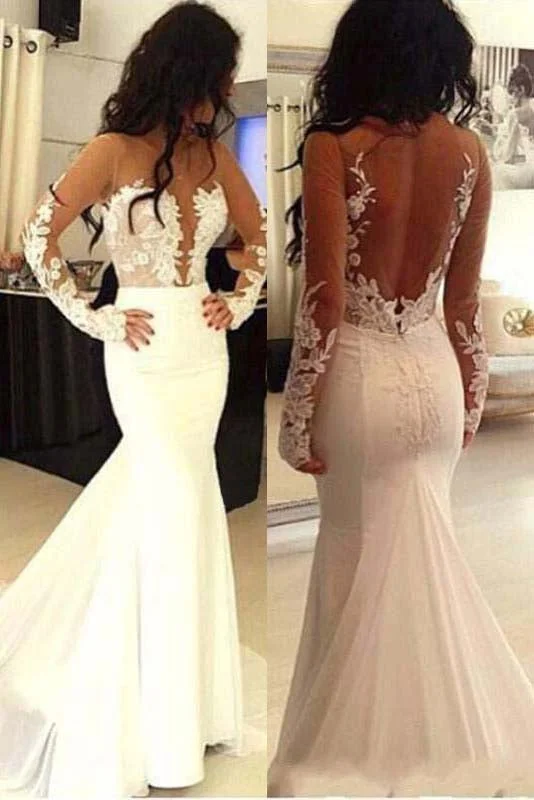 statement wedding dressesBeautiful Long Sleeves See Through Mermaid Lace Appliques Wedding Dress With Trailing OKD53