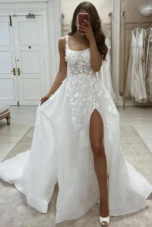 embroidered wedding dressesA-line Lace Appliques Split Long Wedding Dress Elegant Bridal Dress OK1005