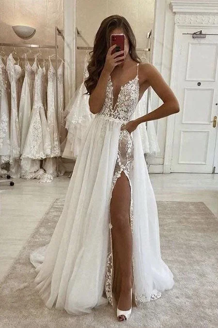 modern wedding dressesSpaghetti Straps A-Line Tulle V Neck Wedding Dress Long Split Prom Dress OK1205