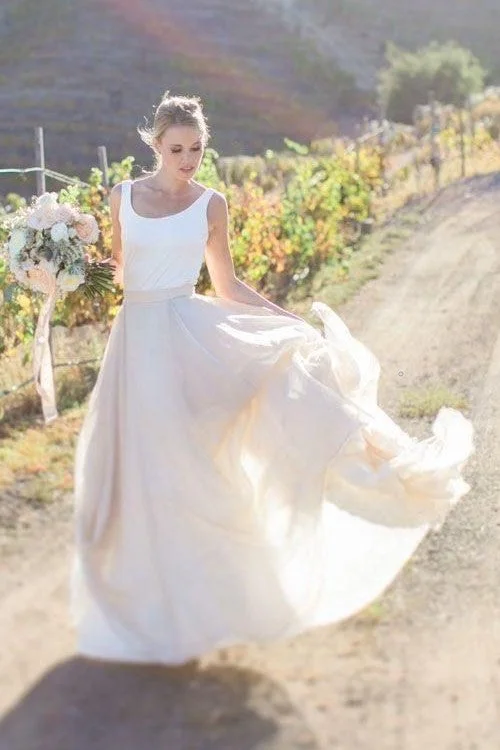 wedding dress trendsSimple A Line Sleeveless Chiffon Round Neck Long Beach Wedding Dress OK1287