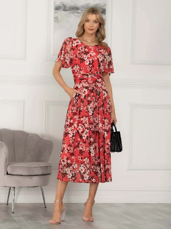 midi dresses with buttonsJulita Floral Mesh Midi Dress, Coral