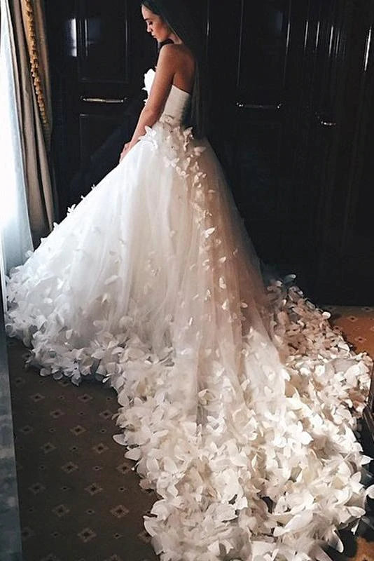 wedding dress with built-in petticoatCharming Sweetheart Ball Gown Wedding Dress with Flowers Long Tulle Wedding Gown OK1421