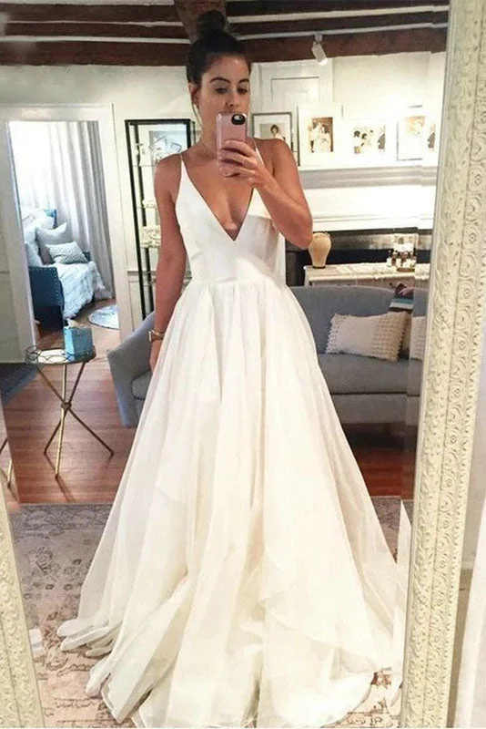 wedding dress with lace overlaySimple Organza Beach Wedding Dress Backless Floor-Length Deep V-Neck A-line Bridal Dress OKW19