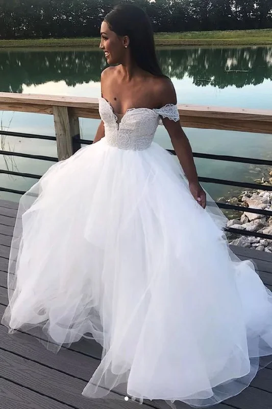 wedding dress alterationsElegant A Line Tulle Off-the-shoulder Long Wedding Dress Lace Top OK1294