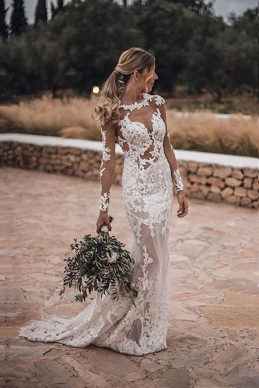 A-line wedding dressesMermaid Lace Appliques Long Sleeve Bridal Wedding Gown Illusion Bottom Wedding Dresses OKV29