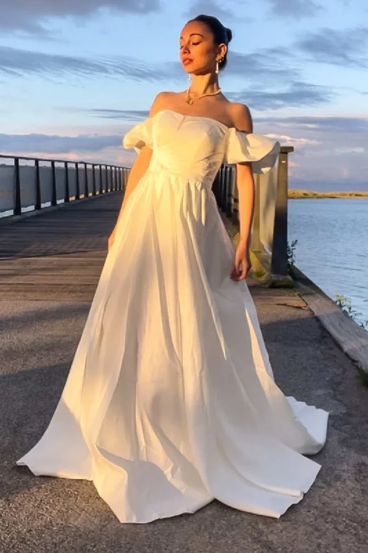 long sleeve wedding dressesOff White Off-the-Shoulder Ruffles Sleeve A-Line Long Wedding Dress OK1541