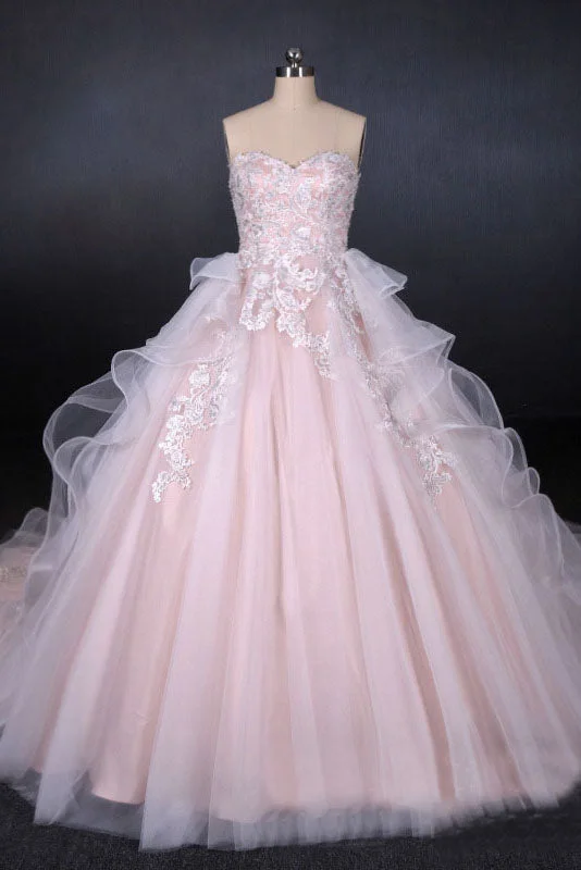 timeless wedding dressesPrincess Pearl Pink Ball Gown Wedding Dress Sweetheart Appliques Bridal Gown OKQ24