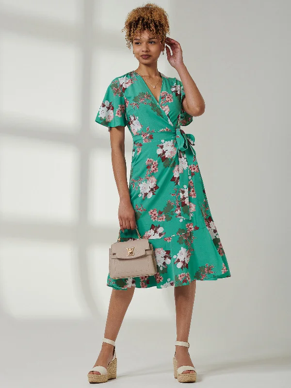 floral midi dressesWylla Wrap Woven Midi Dress, Green Floral