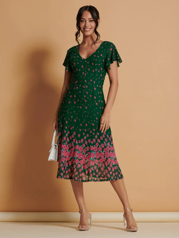 midi dresses for summerMirrored Mesh Fit & Flare Midi Dress, Green Floral