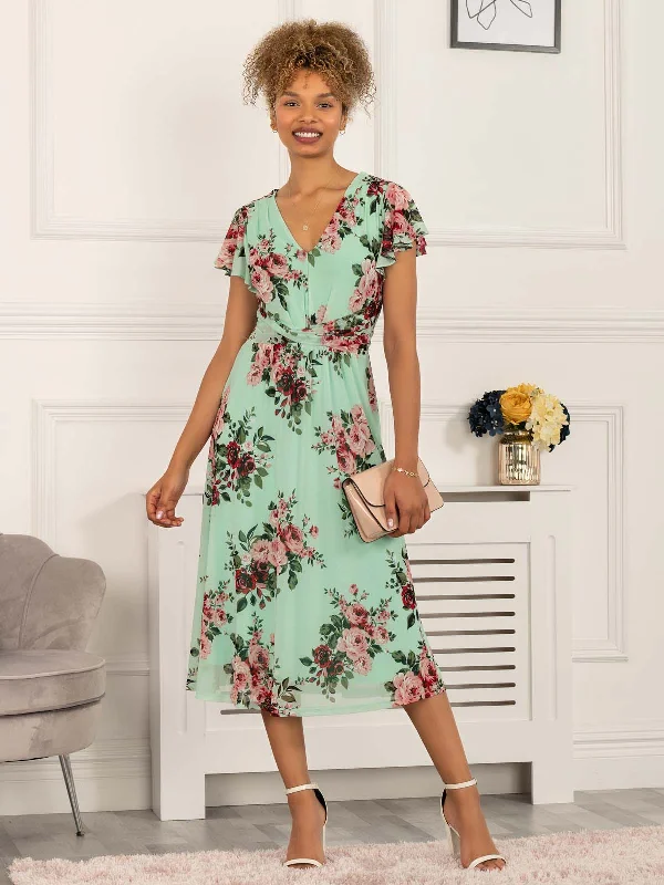 midi dresses with pockets and sleevesScarlett Cap Sleeve Mesh Midi Dress, Green Floral