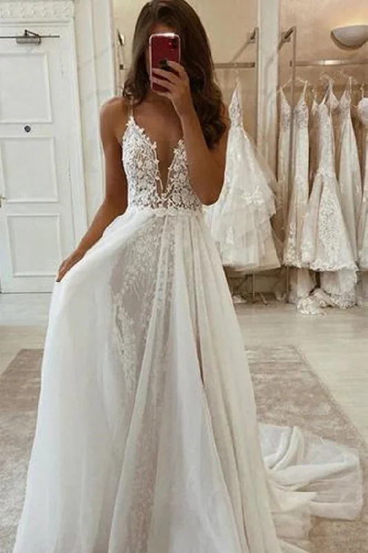 ball gown wedding dressesDeep V Neck Ivory Lace Appliques Long Wedding Dress With High Split OKX26