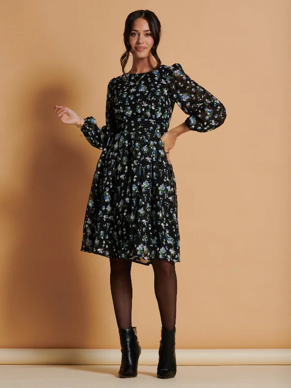 fitted midi dressesLong Sleeve Chiffon Midi Dress, Black Floral