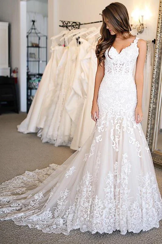 wedding dress try-onMermaid Lace Appliques Sweetheart Ivory Wedding Dress With Chapel Train OK1009