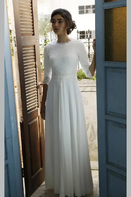 wedding dress with corsetModest Chiffon 3/4 Sleeves Floor Length Wedding Dress with Lace Top OK1424