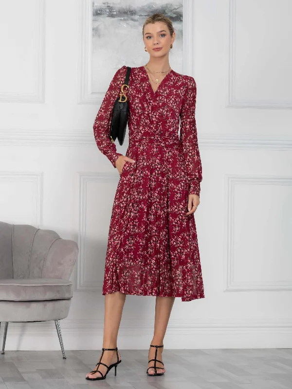 midi dresses with sleevesVanessa Floral Print Wrap Front Midi Dress, Burgundy/Multi