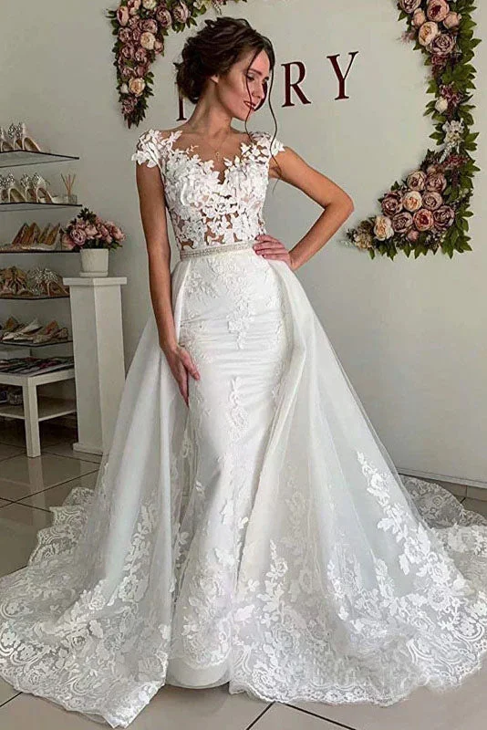 glamorous bohemian wedding dressesMermaid V-Neck Cap Sleeves Detachable Lace Train Long Wedding Dress With Beads OK1513