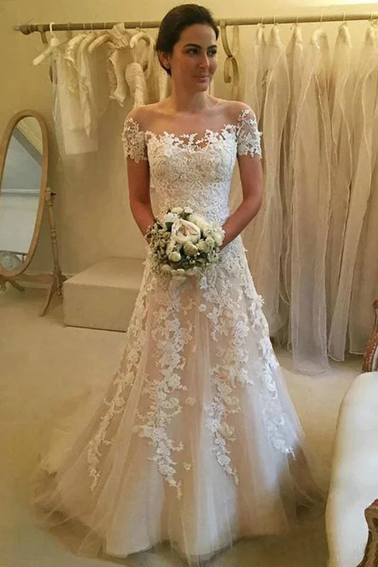 plus-size friendly wedding dressesGorgeous Tulle Wedding Dress Lace Applique A-line Bridal Dress Short Sleeve OKW27